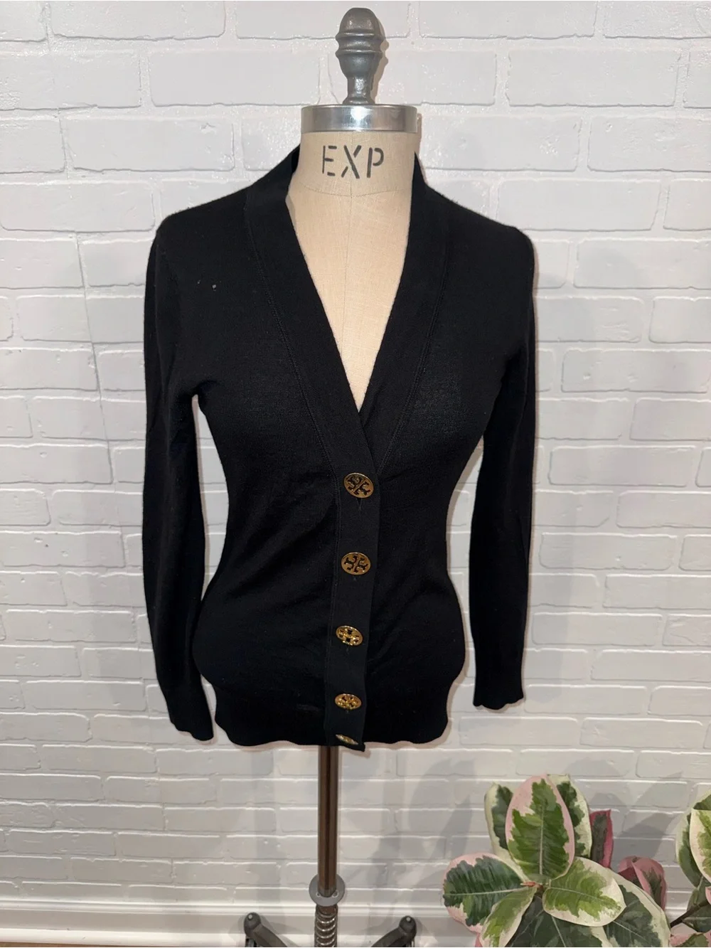 Tory Burch Merino Wool Black Sweater with Oversized Gold Logo Buttons *Flaws